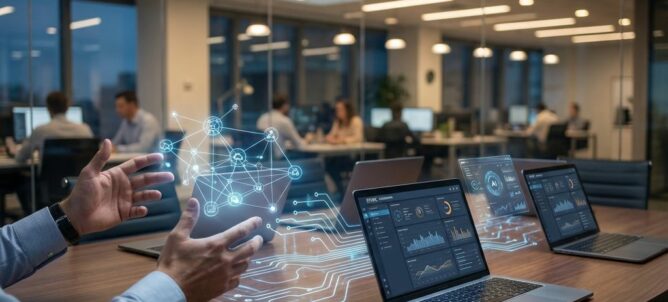 Professionele handen wijzen naar holografische AI-netwerknodes boven vergadertafel met laptops in moderne kantooromgeving