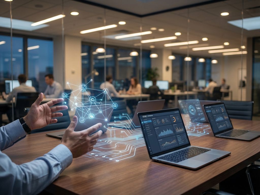 Professionele handen wijzen naar holografische AI-netwerknodes boven vergadertafel met laptops in moderne kantooromgeving