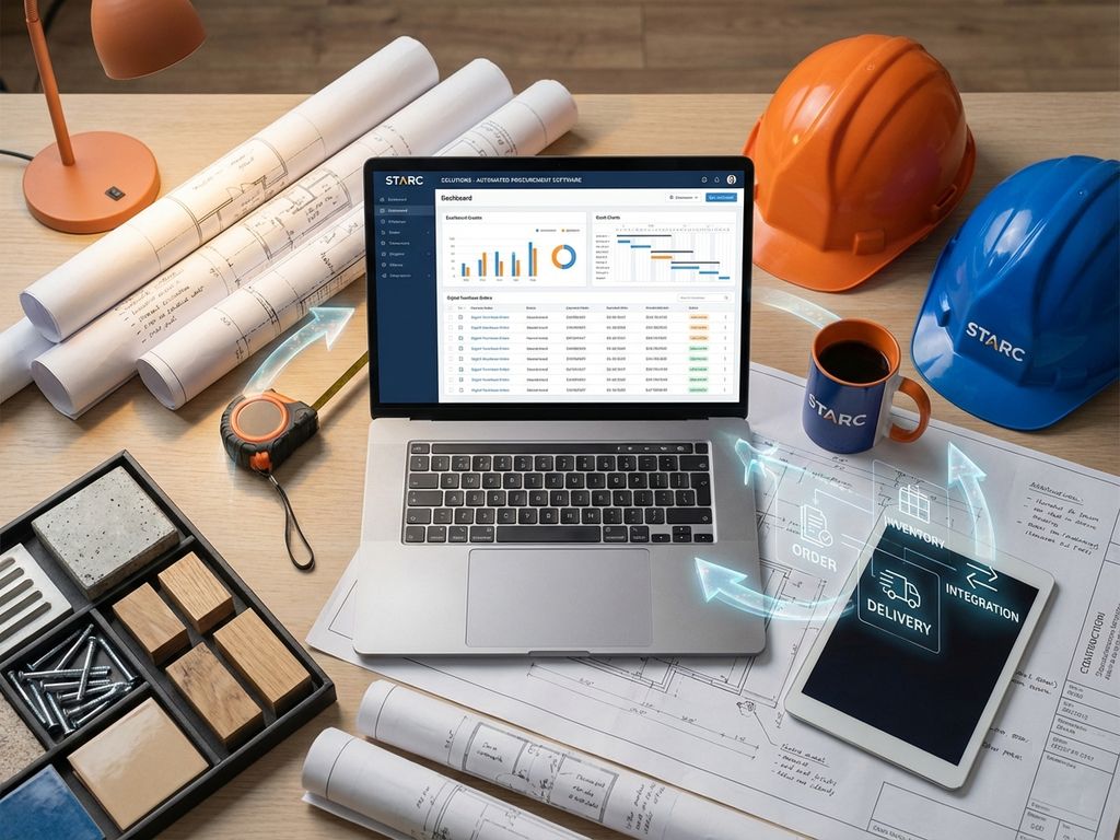 Moderne bouwbureau met laptop met automatiseringssoftware, blauwdrukken, veiligheidshelmen en digitale workflow-elementen