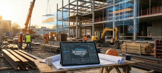 Tablet met AI-interface op bouwplannen aan houten tafel, bouwvakkers met helmen op constructieplaats op achtergrond