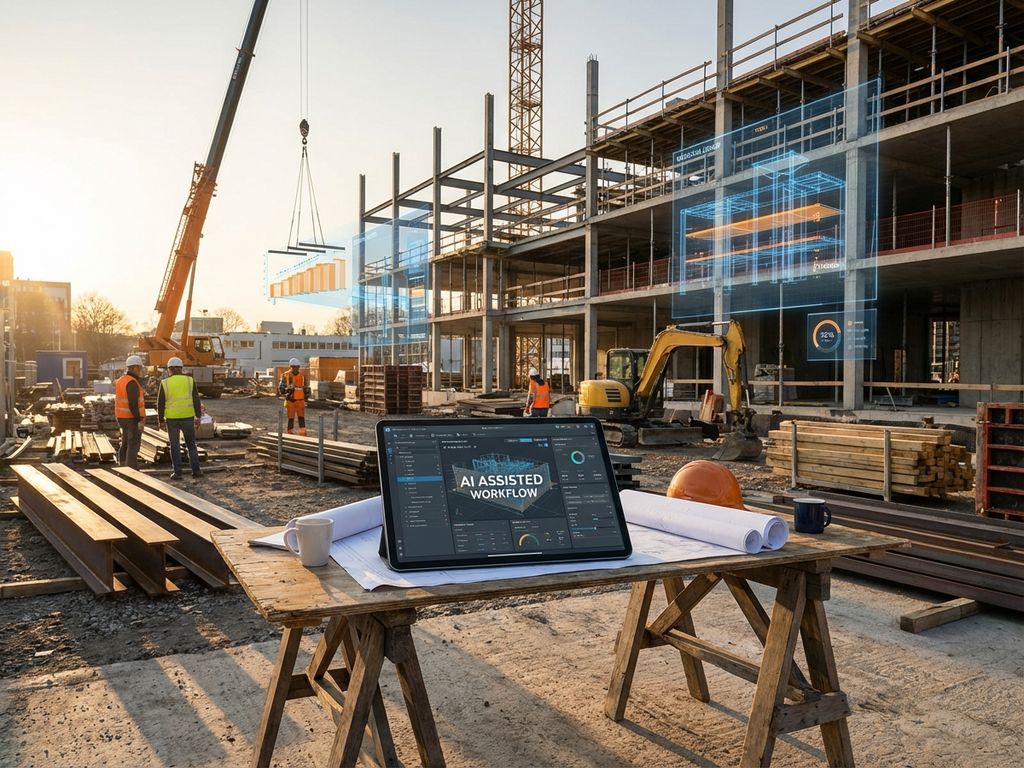 Tablet met AI-interface op bouwplannen aan houten tafel, bouwvakkers met helmen op constructieplaats op achtergrond