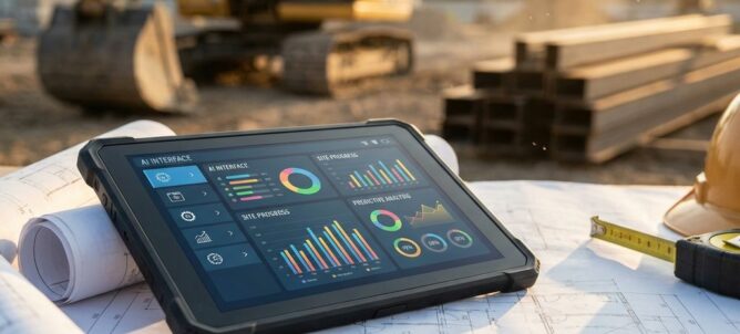 Tablet met AI-interface op bouwplannen met bouwmateriaal op achtergrond, digitale transformatie in bouwsector