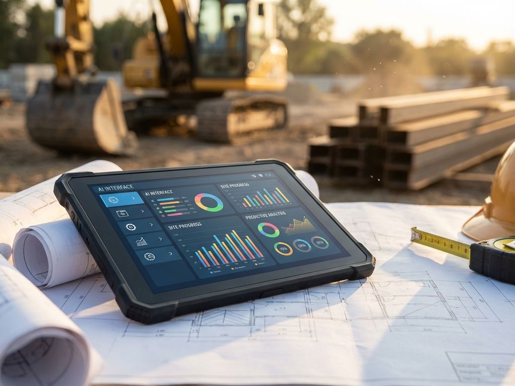 Tablet met AI-interface op bouwplannen met bouwmateriaal op achtergrond, digitale transformatie in bouwsector