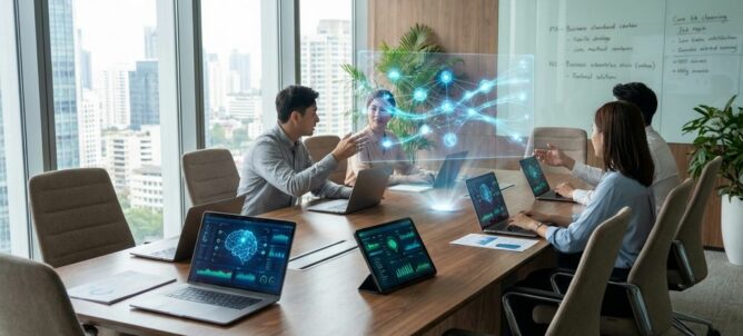 Moderne vergaderruimte met AI-interfaces op laptops en holografische datavisualisatie op houten conferentietafel
