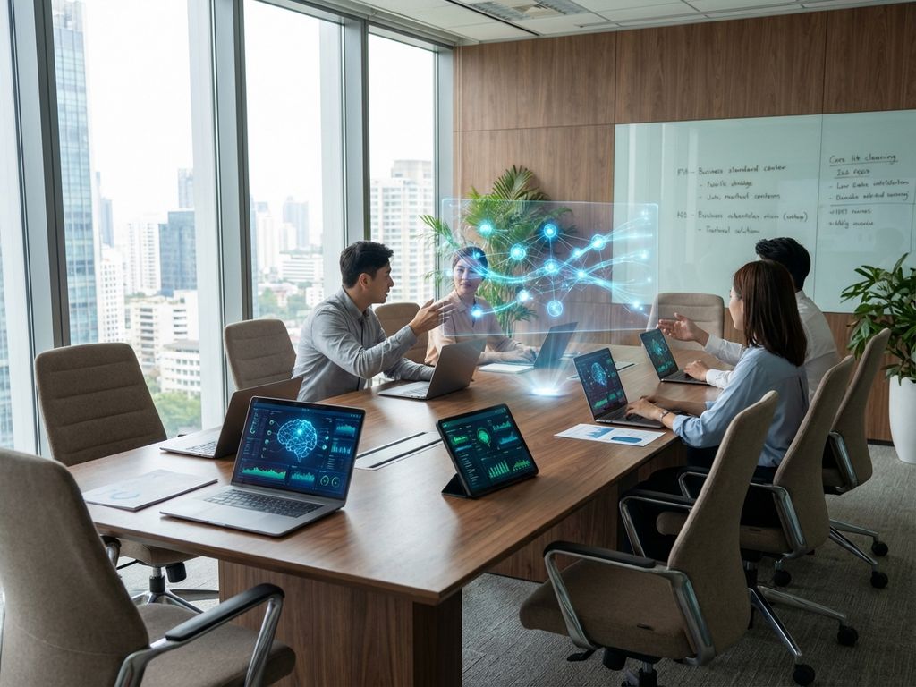 Moderne vergaderruimte met AI-interfaces op laptops en holografische datavisualisatie op houten conferentietafel
