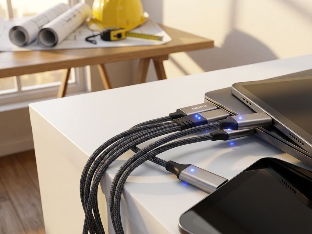 Computerverbindingskabels met blauwe LED-indicatoren tussen moderne apparaten op wit bureau, bouwplannen op achtergrond