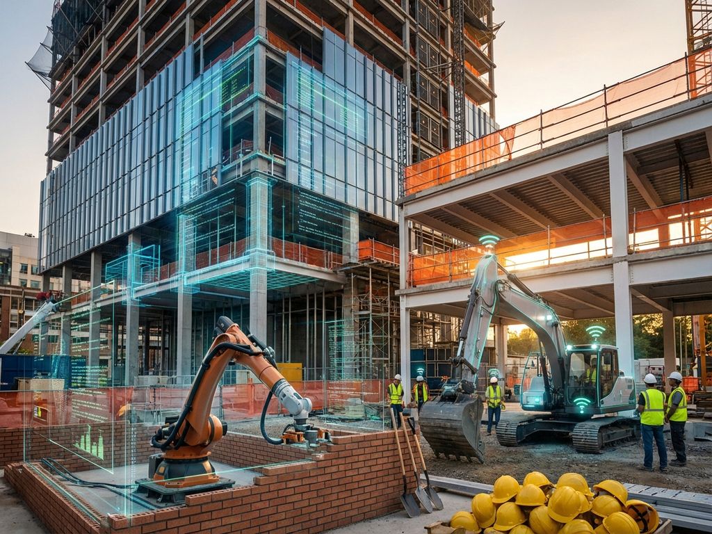 Moderne bouwplaats met geautomatiseerde robots en holografische data naast traditionele bouwgereedschap