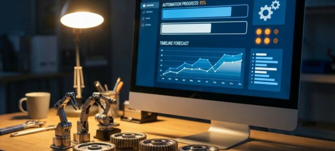 Digitaal dashboard met automatiseringsgrafieken op monitor, omringd door robotcomponenten en tandwielen in werkruimte