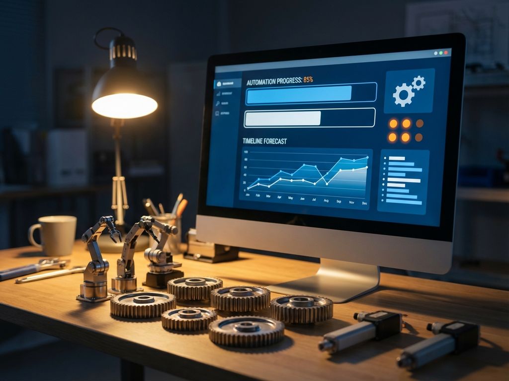 Digitaal dashboard met automatiseringsgrafieken op monitor, omringd door robotcomponenten en tandwielen in werkruimte