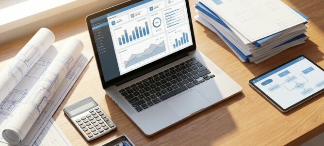 Georganiseerd bureau met laptop, technische documenten, tablet en blauwdrukken voor automatiseringsplanning