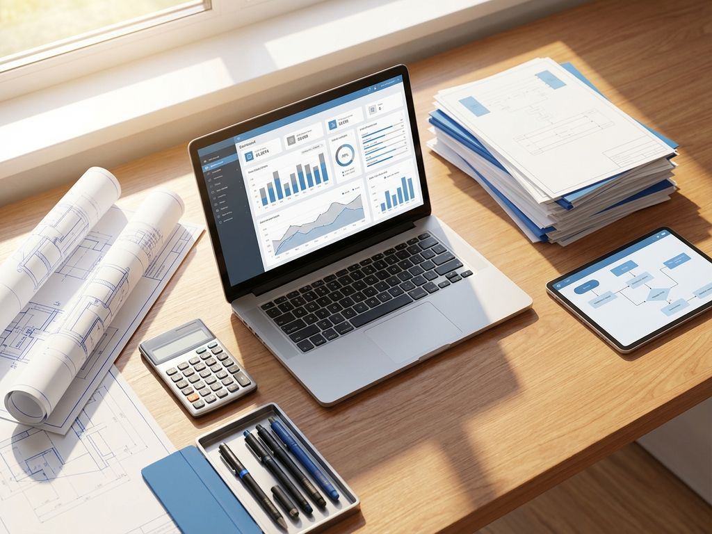 Georganiseerd bureau met laptop, technische documenten, tablet en blauwdrukken voor automatiseringsplanning