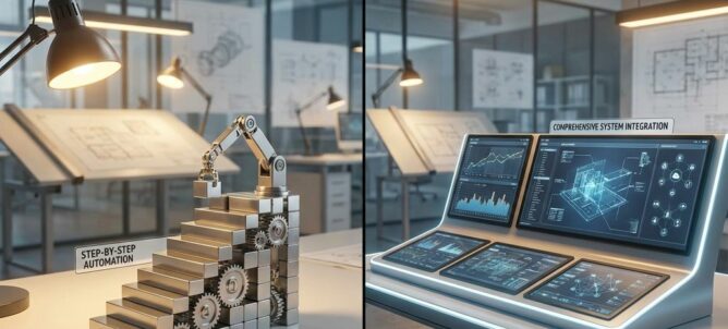 Gesplitst scherm toont geleidelijke automatisering via metalen blokken versus complete digitale controlepanelen in moderne kantooromgeving