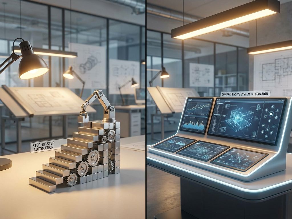 Gesplitst scherm toont geleidelijke automatisering via metalen blokken versus complete digitale controlepanelen in moderne kantooromgeving