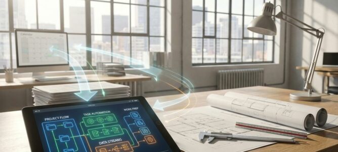 Moderne werkplek met tablet met projectmanagement dashboards, blauwdrukken en geautomatiseerde workflow visualisatie