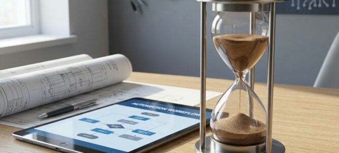 Zandloper op bureau naast technische tekeningen en tablet met automatiseringsdiagrammen in moderne werkruimte