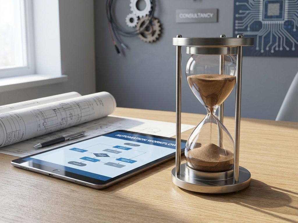 Zandloper op bureau naast technische tekeningen en tablet met automatiseringsdiagrammen in moderne werkruimte