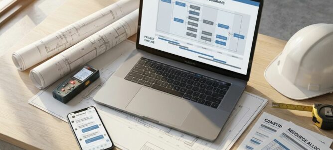 Modern bouwbureau werkplek met laptop, workflow diagrammen, blauwdrukken en constructie tools in natuurlijk licht