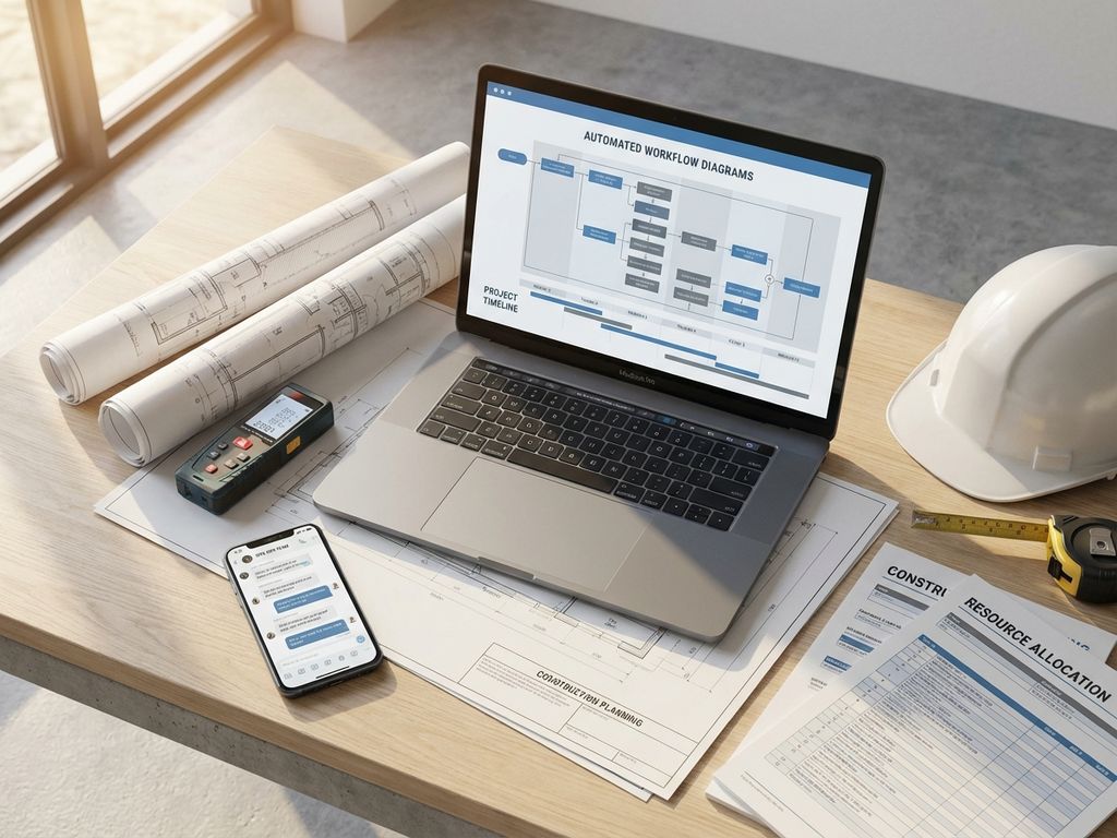 Modern bouwbureau werkplek met laptop, workflow diagrammen, blauwdrukken en constructie tools in natuurlijk licht