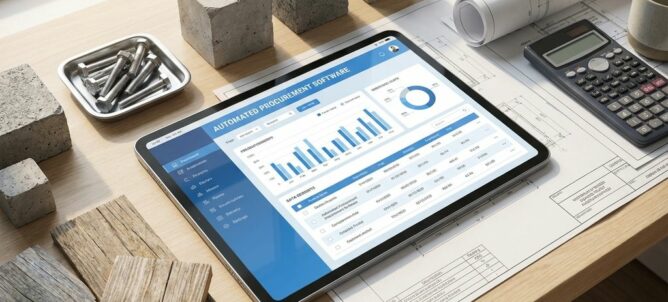 Tablet met bouwautomatiseringssoftware op bureau omringd door bouwmaterialen, blauwdrukken en rekenmachine