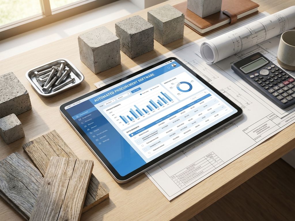Tablet met bouwautomatiseringssoftware op bureau omringd door bouwmaterialen, blauwdrukken en rekenmachine