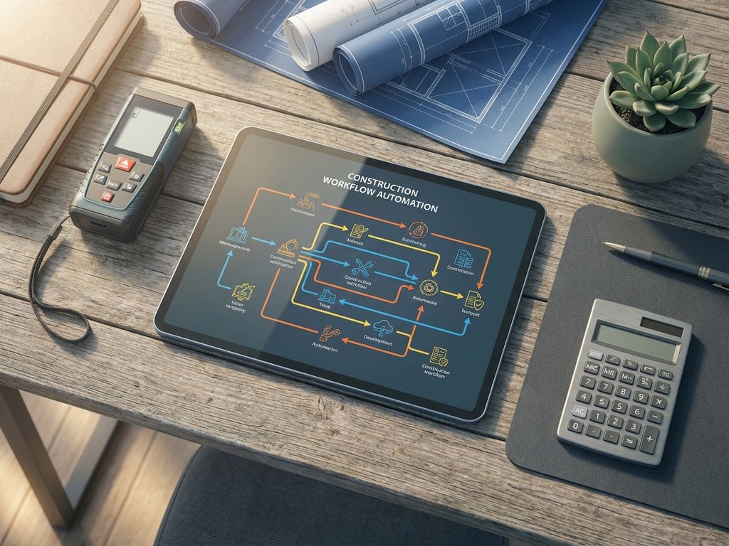 Tablet met automatiseringsdiagrammen op aannemersbureau met blauwdrukken, meetapparatuur en rekenmachine