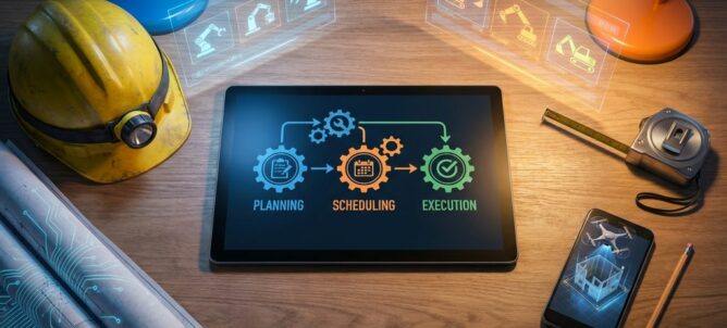 Moderne aannemersbureau met tablet met automatiseringsworkflows, bouwhelm, blauwdrukken en holografische elementen