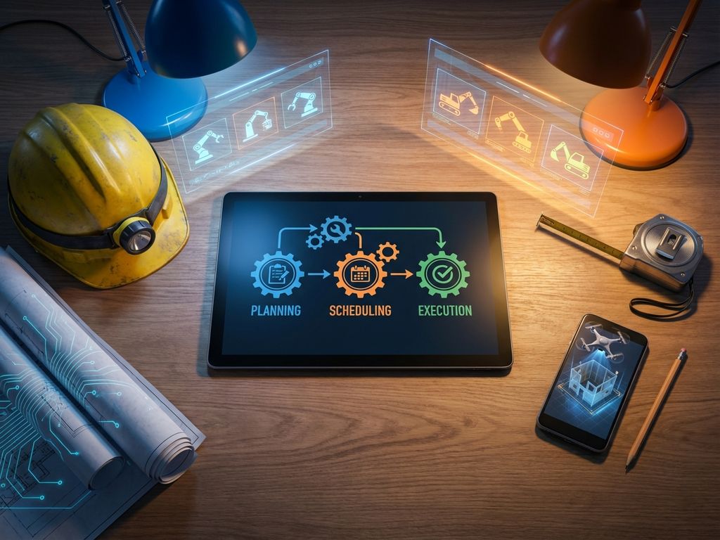 Moderne aannemersbureau met tablet met automatiseringsworkflows, bouwhelm, blauwdrukken en holografische elementen