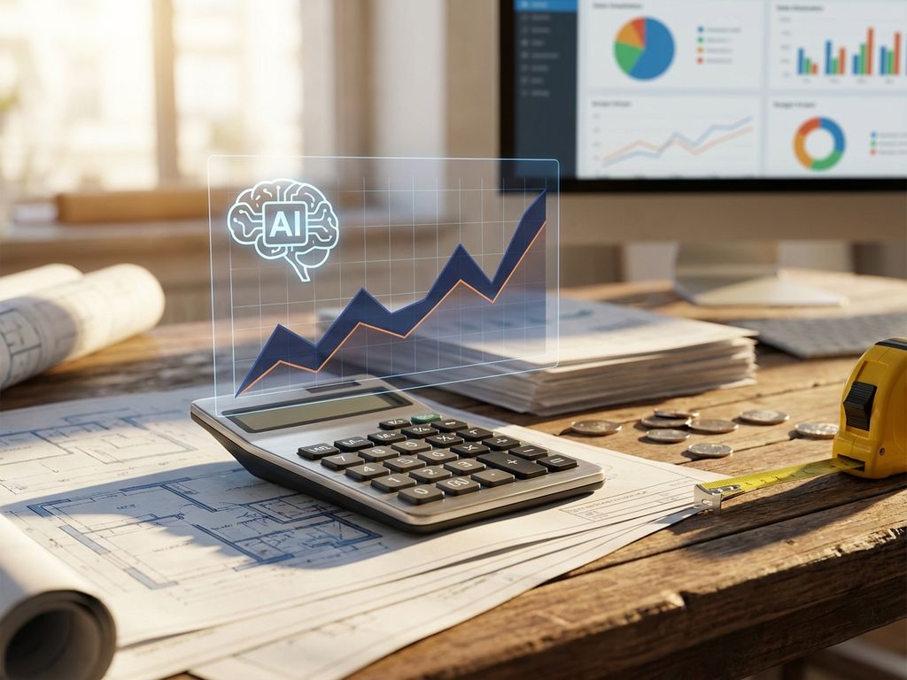 Moderne rekenmachine en bouwplannen op houten bureau met holografische AI-projectie boven financiële grafieken en munten