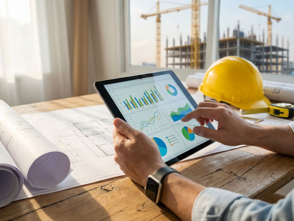 Handen analyseren data op tablet met grafieken, omringd door bouwplannen op houten bureau met bouwplaats op achtergrond