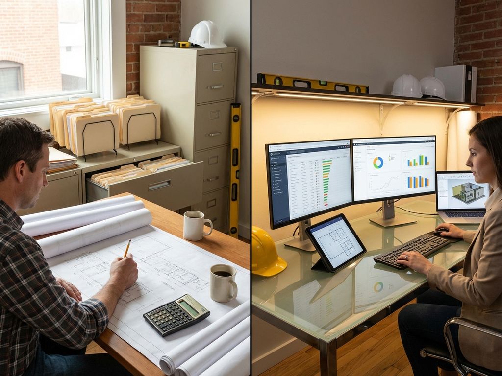 Moderne aannemerswerkplek toont contrast tussen traditionele papieren blauwdrukken en digitale tablets met projectdashboards
