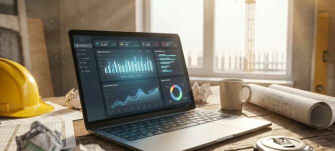 Laptop met digitaal dashboard op houten bureau omringd door bouwplannen en Excel-spreadsheets in moderne bouwkantoor