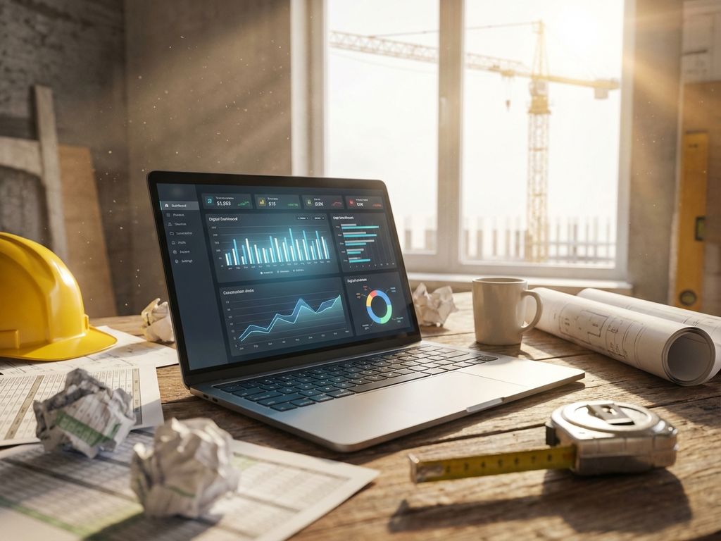 Laptop met digitaal dashboard op houten bureau omringd door bouwplannen en Excel-spreadsheets in moderne bouwkantoor