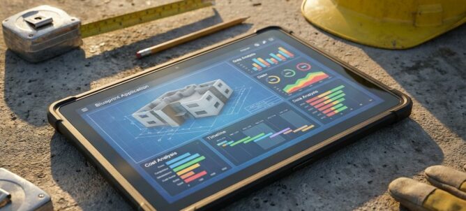 Tablet met digitale blauwdrukken en grafieken op bouwplaats naast bouwhelm en meetlint op betonnen ondergrond