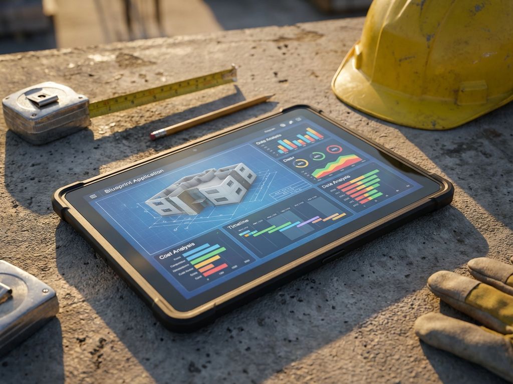 Tablet met digitale blauwdrukken en grafieken op bouwplaats naast bouwhelm en meetlint op betonnen ondergrond