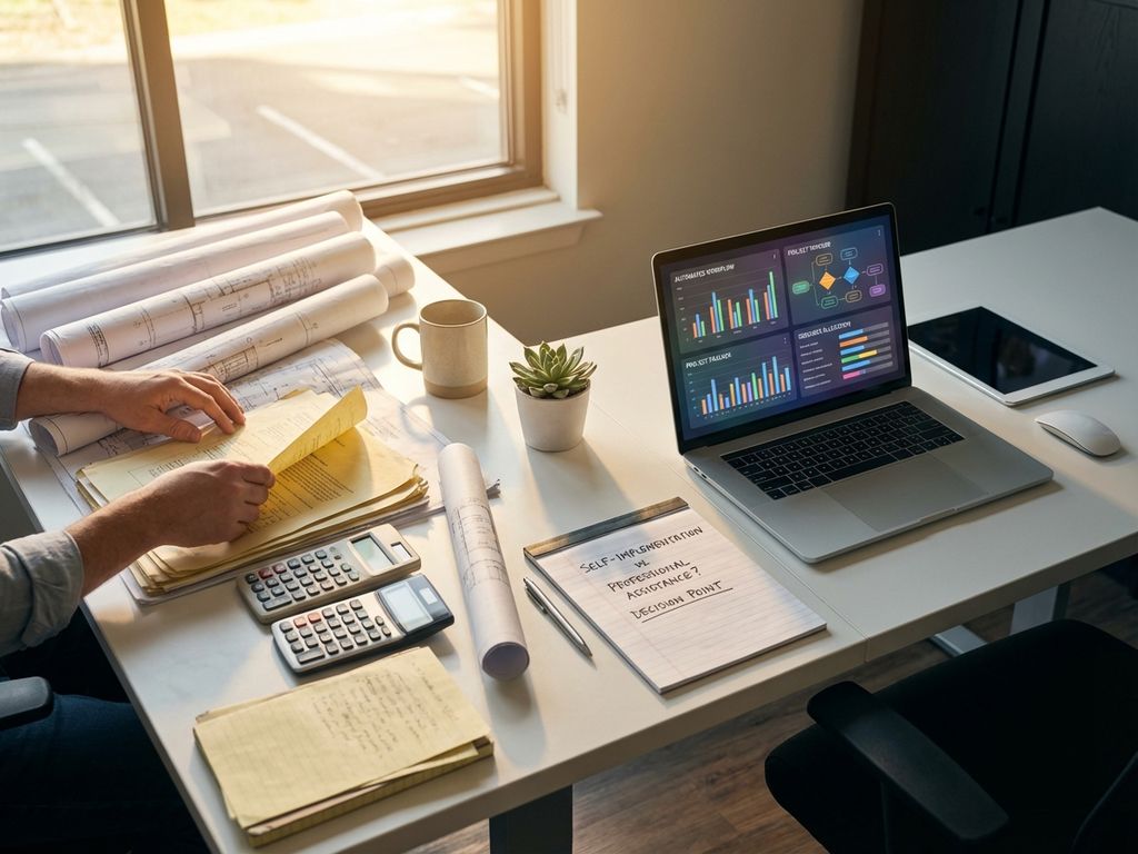 Moderne kantoorbureau met handmatige bouwplannen links en geautomatiseerde digitale workflows op laptop rechts