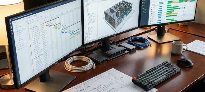 Constructie management software interfaces op moderne kantoormonitoren met netwerkbekabeling en workflow diagrammen