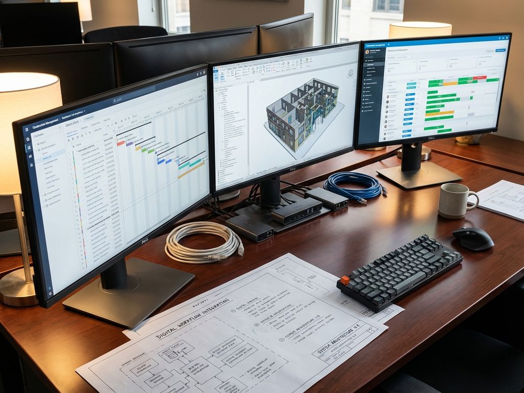 Constructie management software interfaces op moderne kantoormonitoren met netwerkbekabeling en workflow diagrammen
