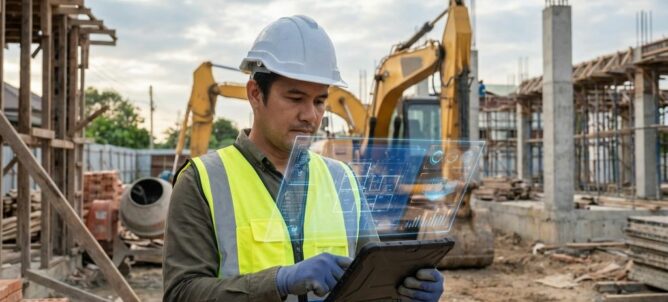 Bouwvakker in veiligheidskleding gebruikt tablet met holografische AI-interface op moderne bouwplaats met betonstructuren