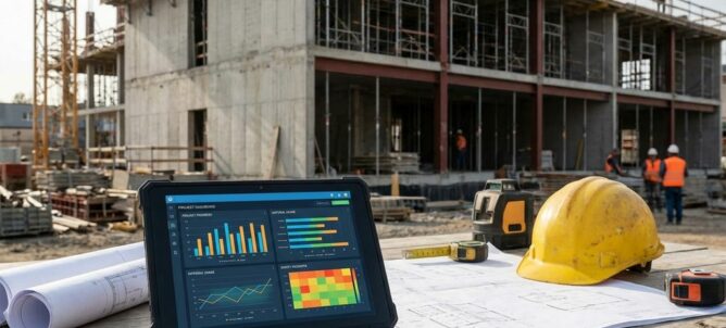 Tablet met bouwdata-analyses op bouwtafel met blauwdrukken, helm en gereedschap bij moderne bouwplaats