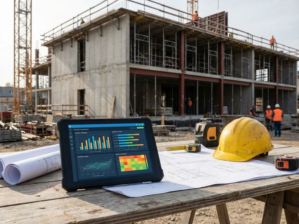 Tablet met bouwdata-analyses op bouwtafel met blauwdrukken, helm en gereedschap bij moderne bouwplaats