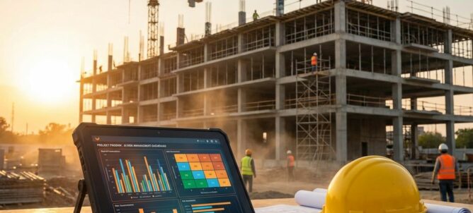 Tablet toont kleurrijke risicoanalyse grafieken op bouwplaats met moderne constructie en hijskranen op achtergrond