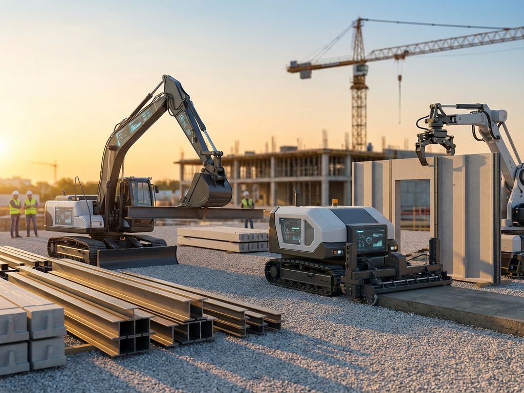 Geautomatiseerde bouwrobots werken naast staalbalken op moderne bouwplaats met digitale bedieningspanelen