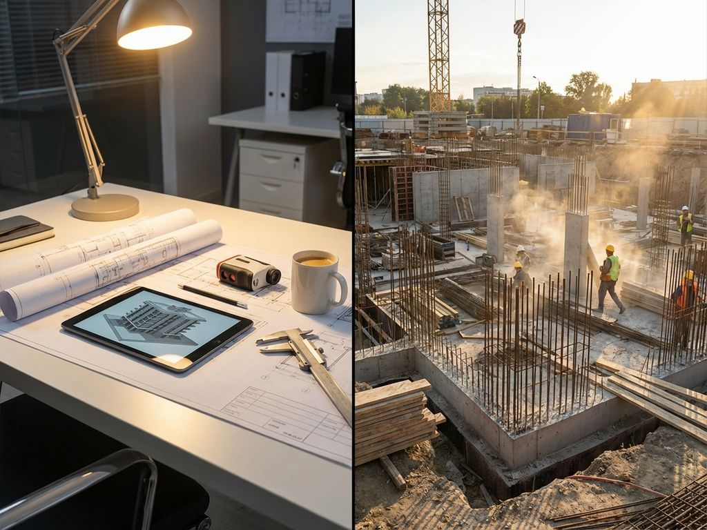 Bouwplaats met gesplitst beeld: architecturale blauwdrukken en meetgereedschap links, betonconstructie rechts