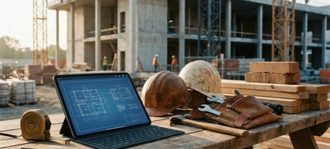 Tablet met digitale blauwdrukken en traditionele bouwgereedschap op werkbank bij moderne bouwplaats