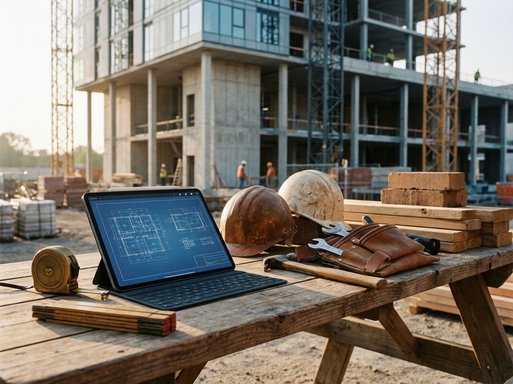 Tablet met digitale blauwdrukken en traditionele bouwgereedschap op werkbank bij moderne bouwplaats