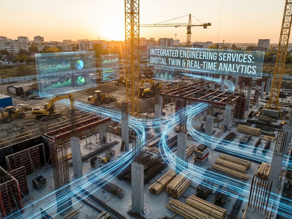 Luchtfoto van moderne bouwplaats met digitale datastromen en holografische grafieken boven kranen en betonstructuren