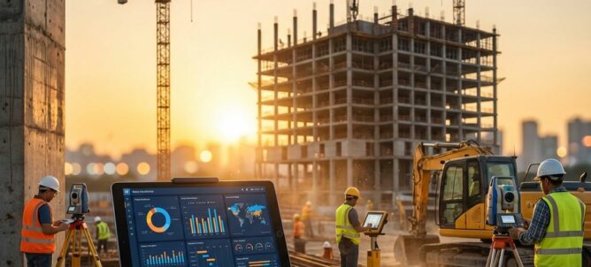 Tablet met data-analytics op moderne bouwplaats met bouwvakkers, kranen en digitale apparatuur bij gouden uur