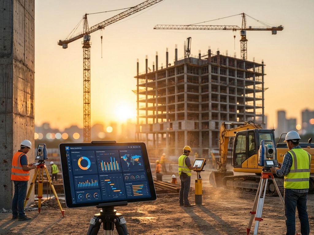 Tablet met data-analytics op moderne bouwplaats met bouwvakkers, kranen en digitale apparatuur bij gouden uur
