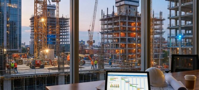 Tablet met projectdashboards op bouwplannen, met moderne bouwplaats en hijskranen op de achtergrond