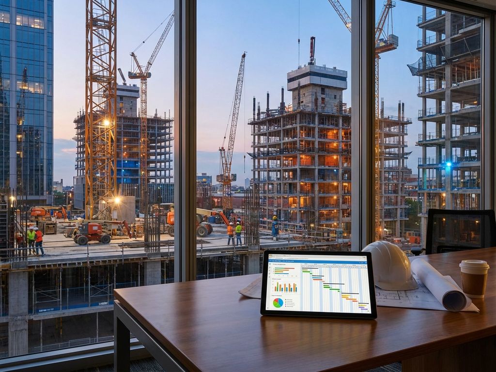 Tablet met projectdashboards op bouwplannen, met moderne bouwplaats en hijskranen op de achtergrond